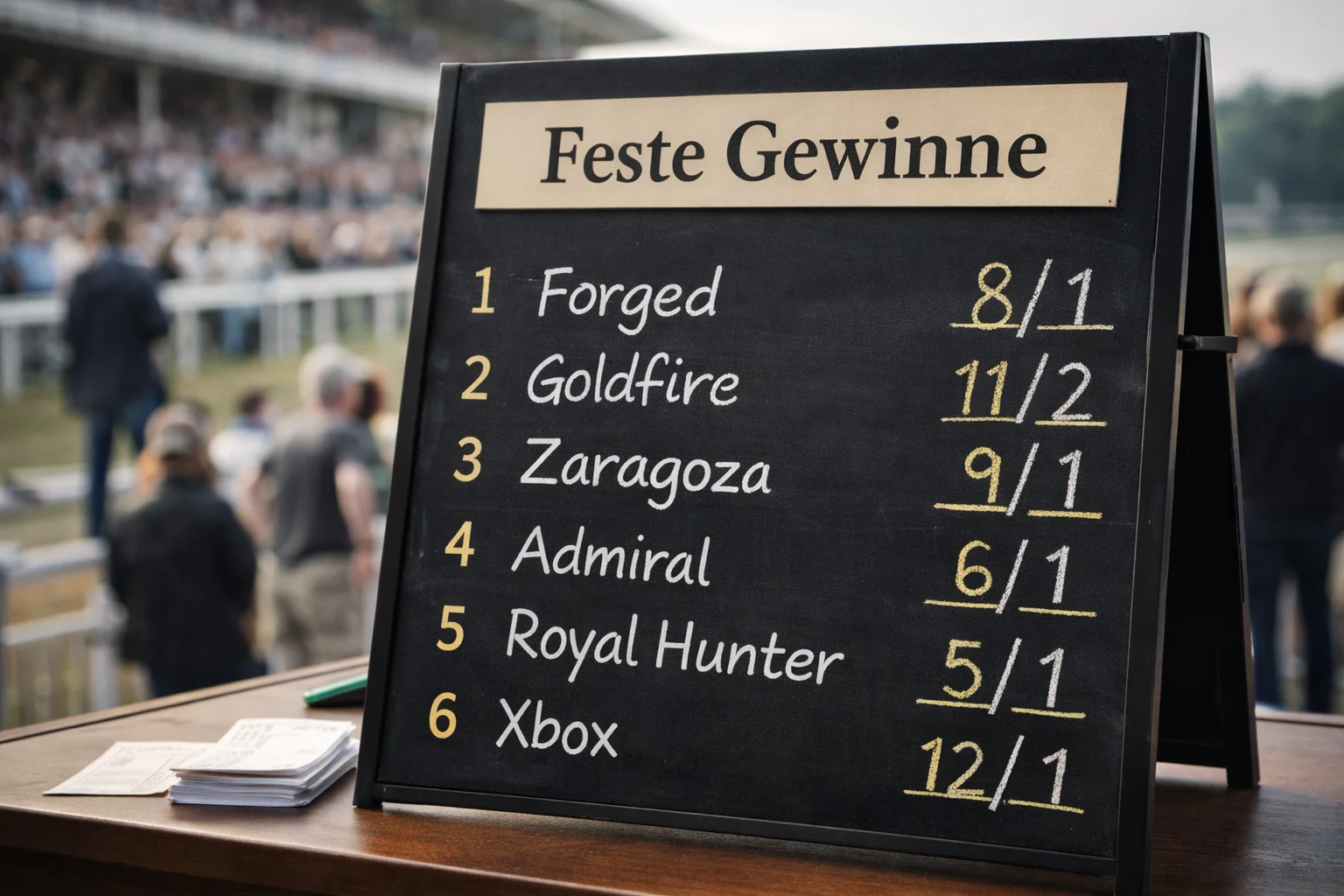 Buchmacher-Tafel mit aktuellen Quoten für verschiedene Pferde