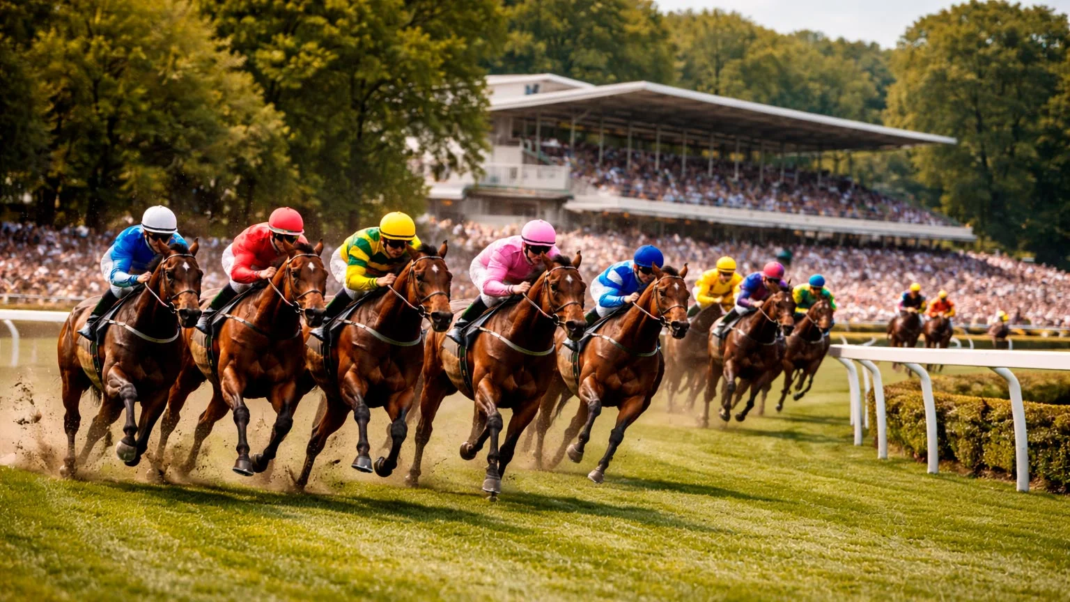 Rennpferde im Feld auf der Galopprennbahn Hamburg-Horn beim Deutschen Derby