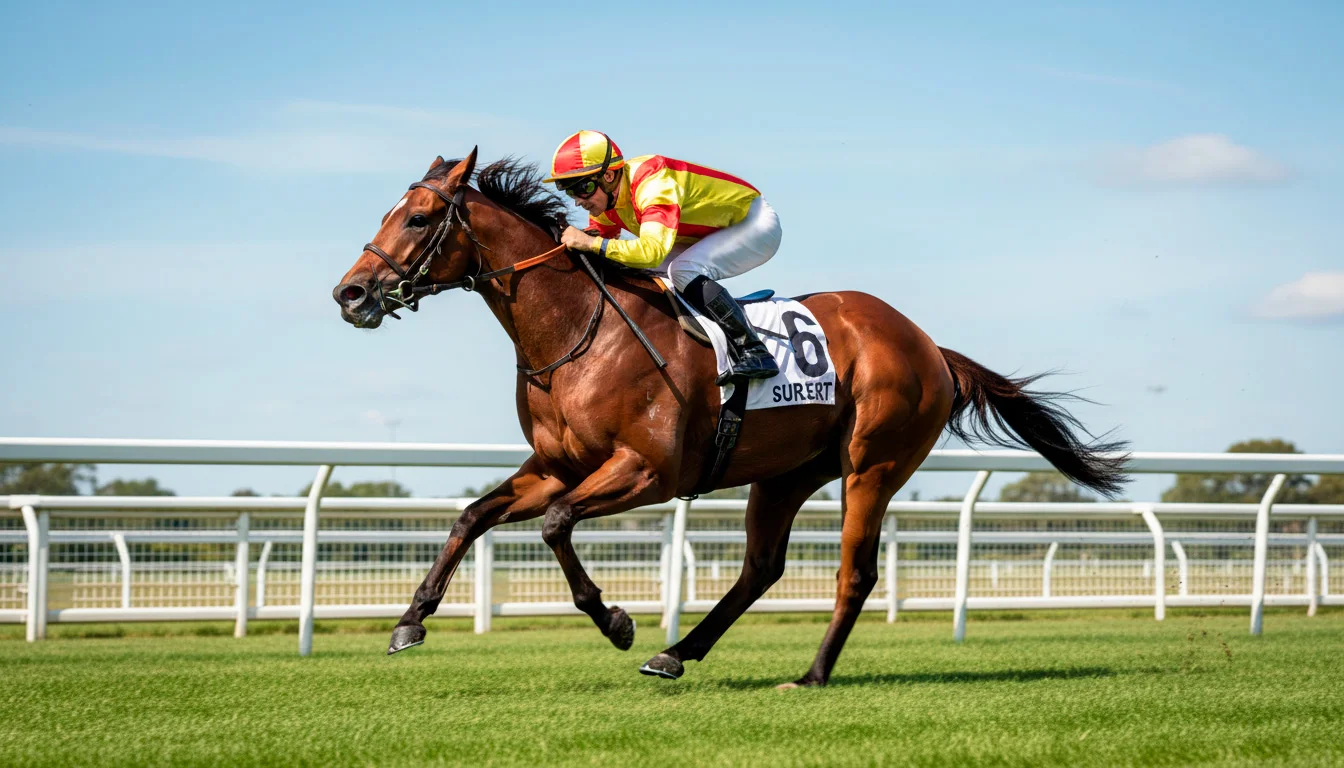 Jockey auf einem Rennpferd in voller Fahrt auf einer sonnenbeschienenen Rennbahn