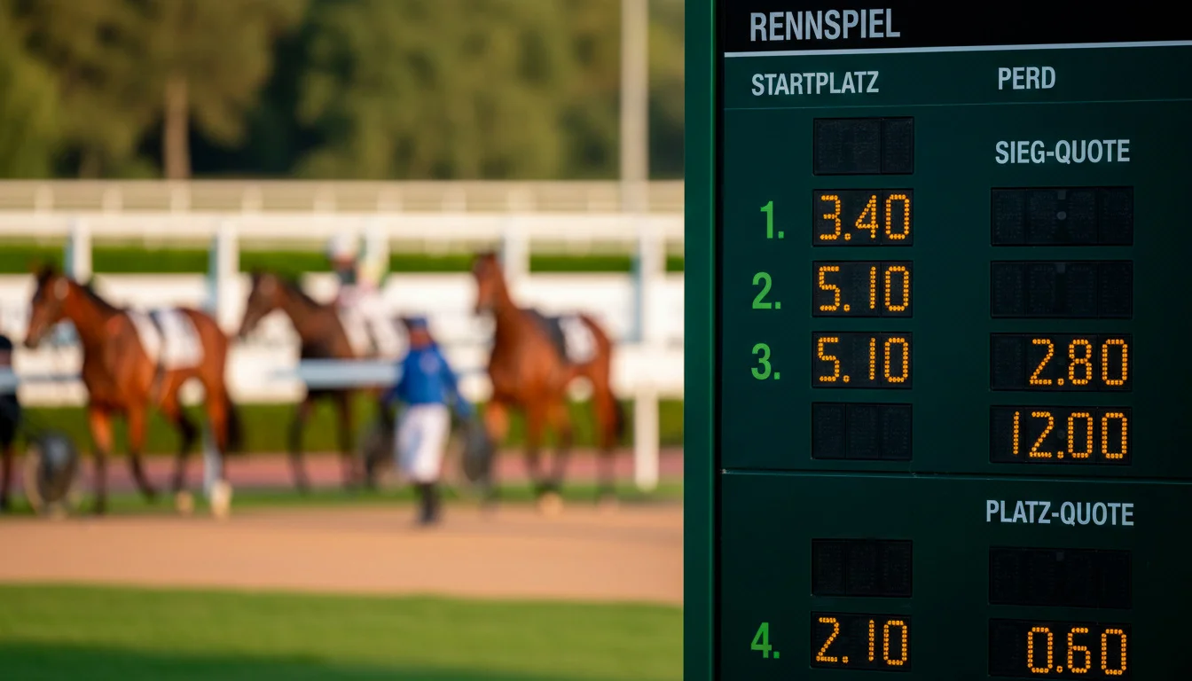 Elektronische Quotentafel am Totalisator einer Galopprennbahn vor dem Rennstart