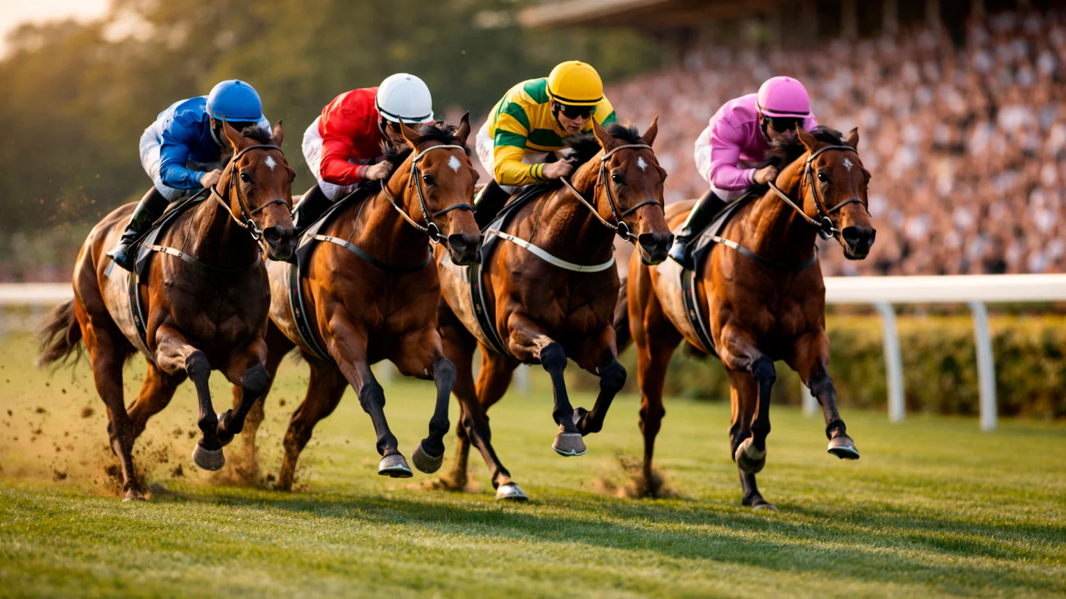 Vier Rennpferde im engen Kampf um die ersten Plätze auf einer Galopprennbahn