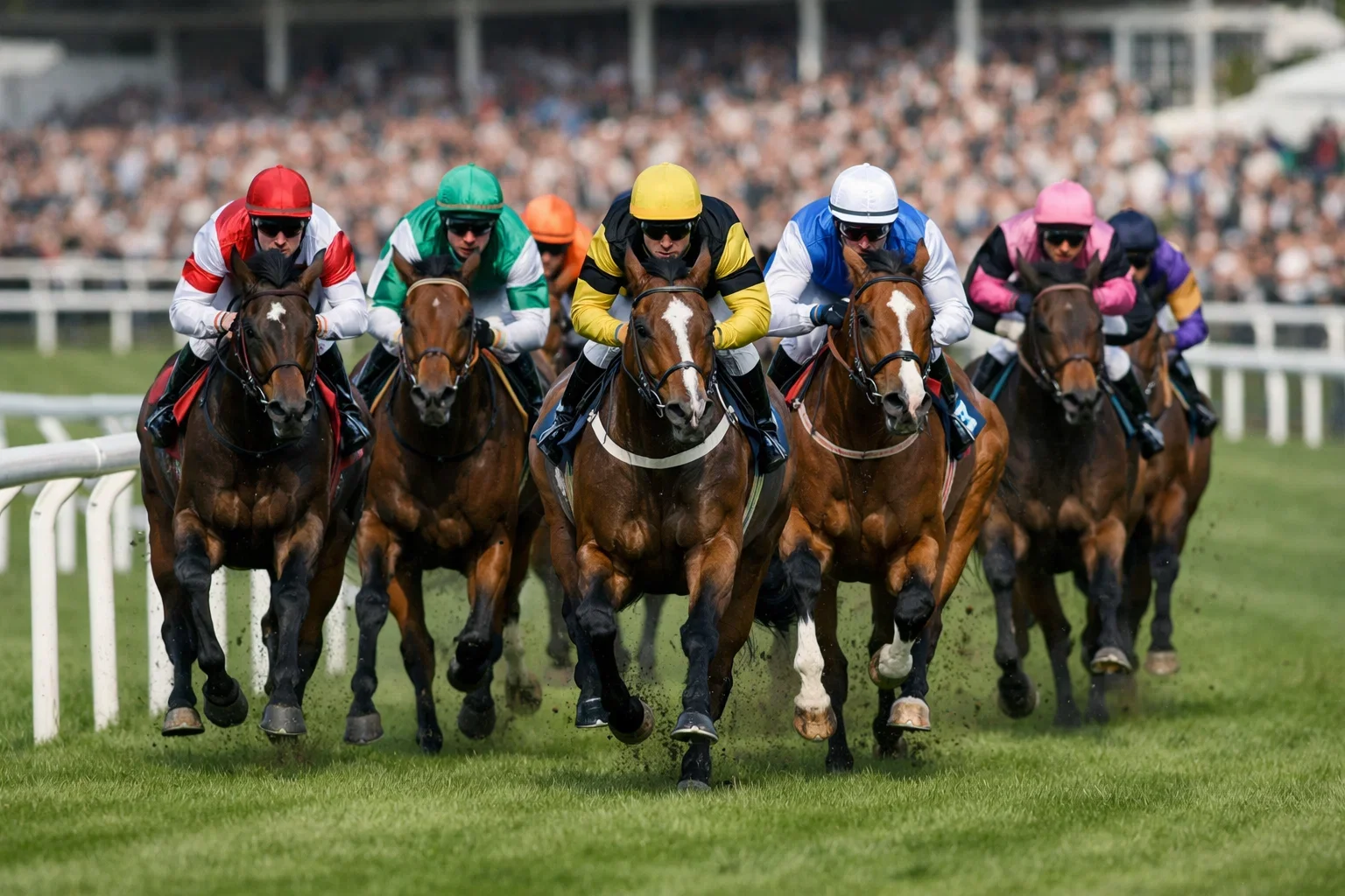 Flachrennen auf Grasbahn mit mehreren Pferden im Wettkampf