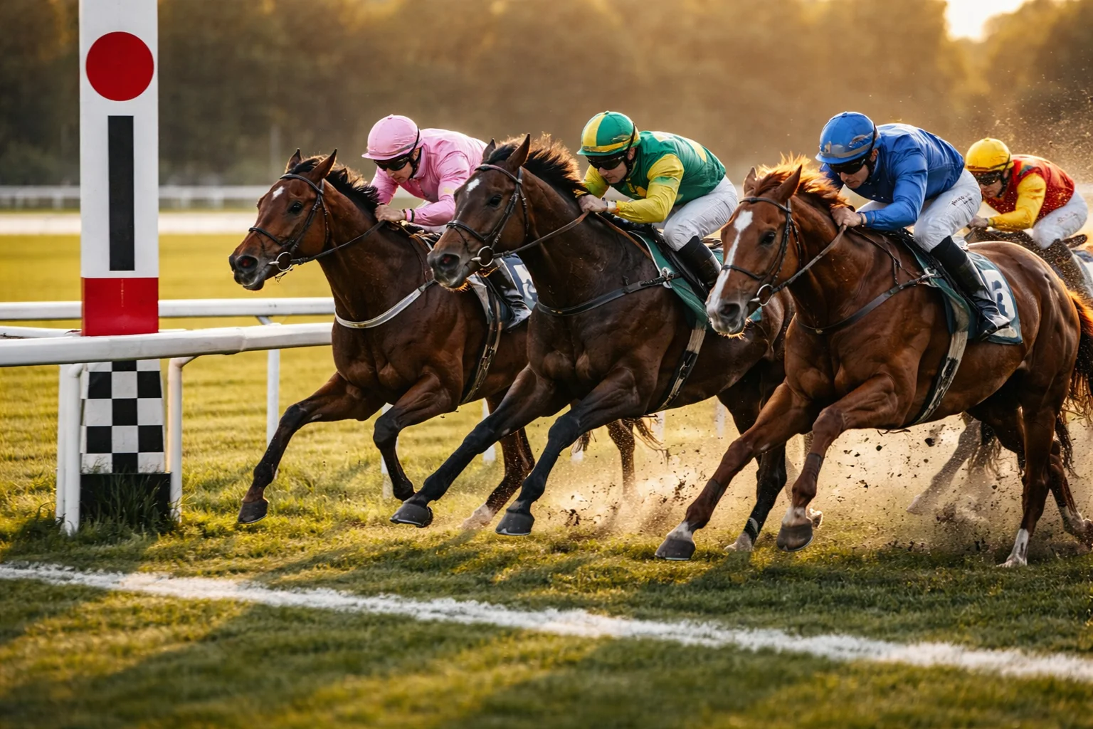 Pferderennen mit engem Zieleinlauf mehrerer Vollblüter auf der Rennbahn
