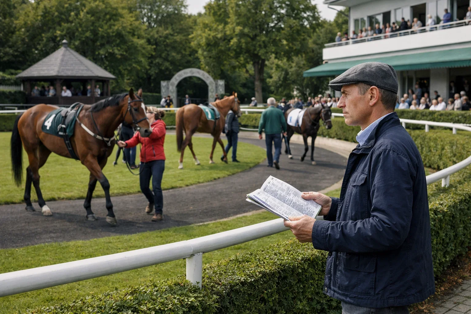 Fokussierter Wetter analysiert Rennprogramm im Führring vor dem Start