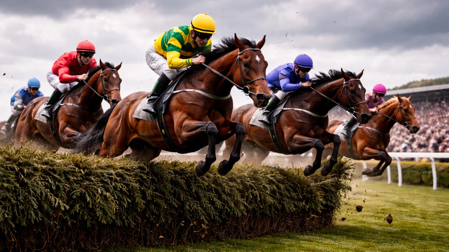 Rennpferde springen über ein großes Birkenreisig-Hindernis beim Hindernisrennen in Aintree