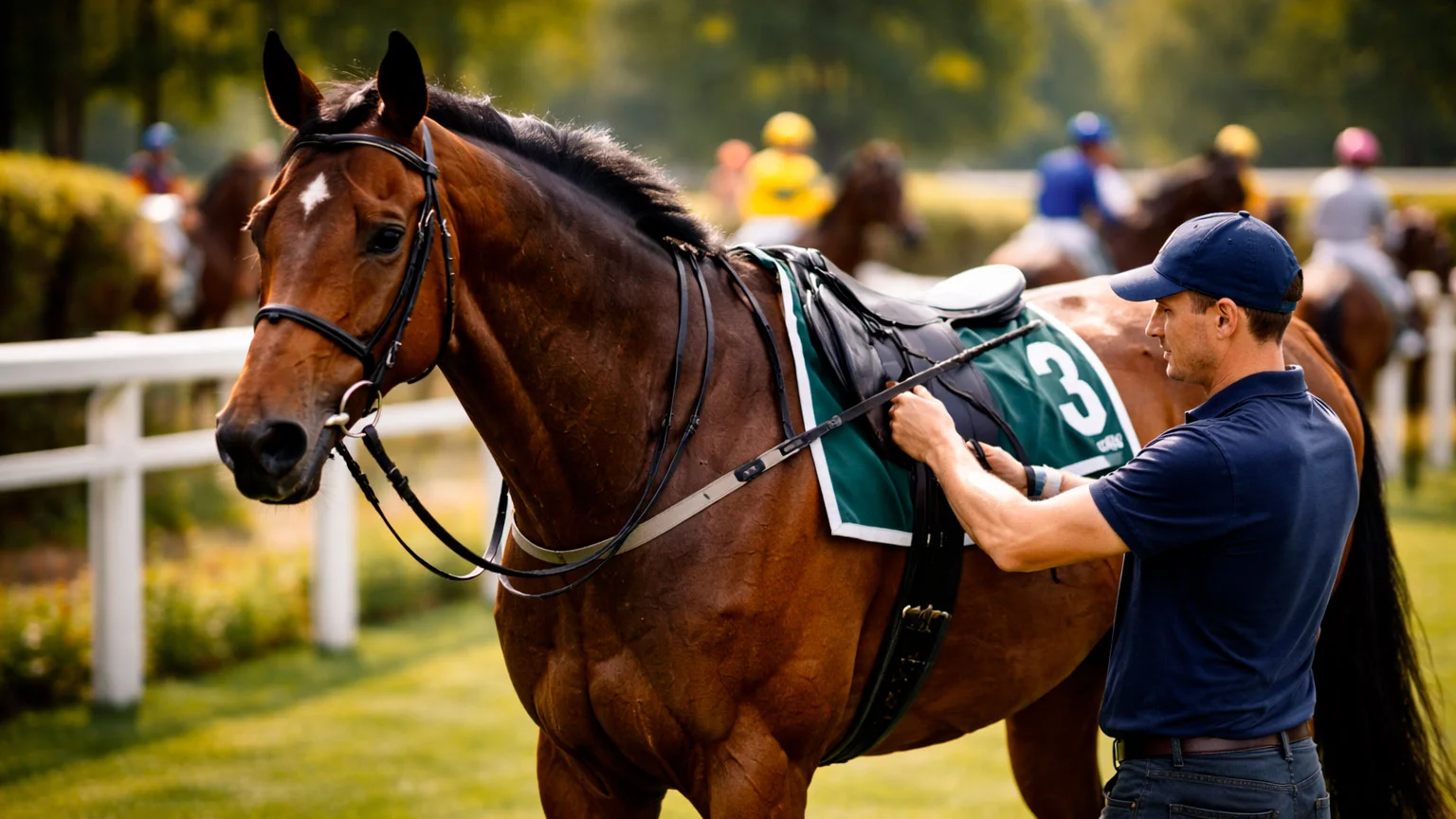 Rennpferd mit Jockey und gut sichtbarer Satteldecke mit Startnummer auf der Rennbahn