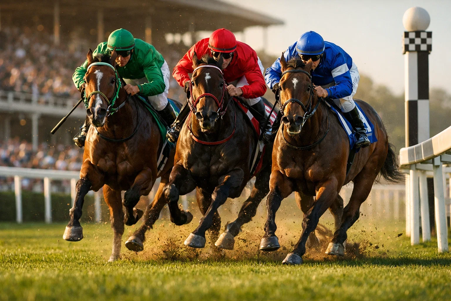 Galopprennpferde auf der Rennbahn im spannenden Zieleinlauf