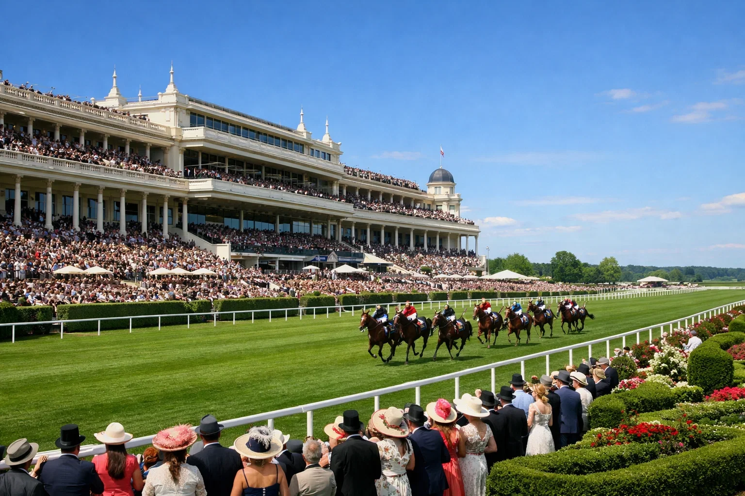 Elegante Galopprennbahn mit Tribüne und Zuschauern bei einem Klassiker-Rennen