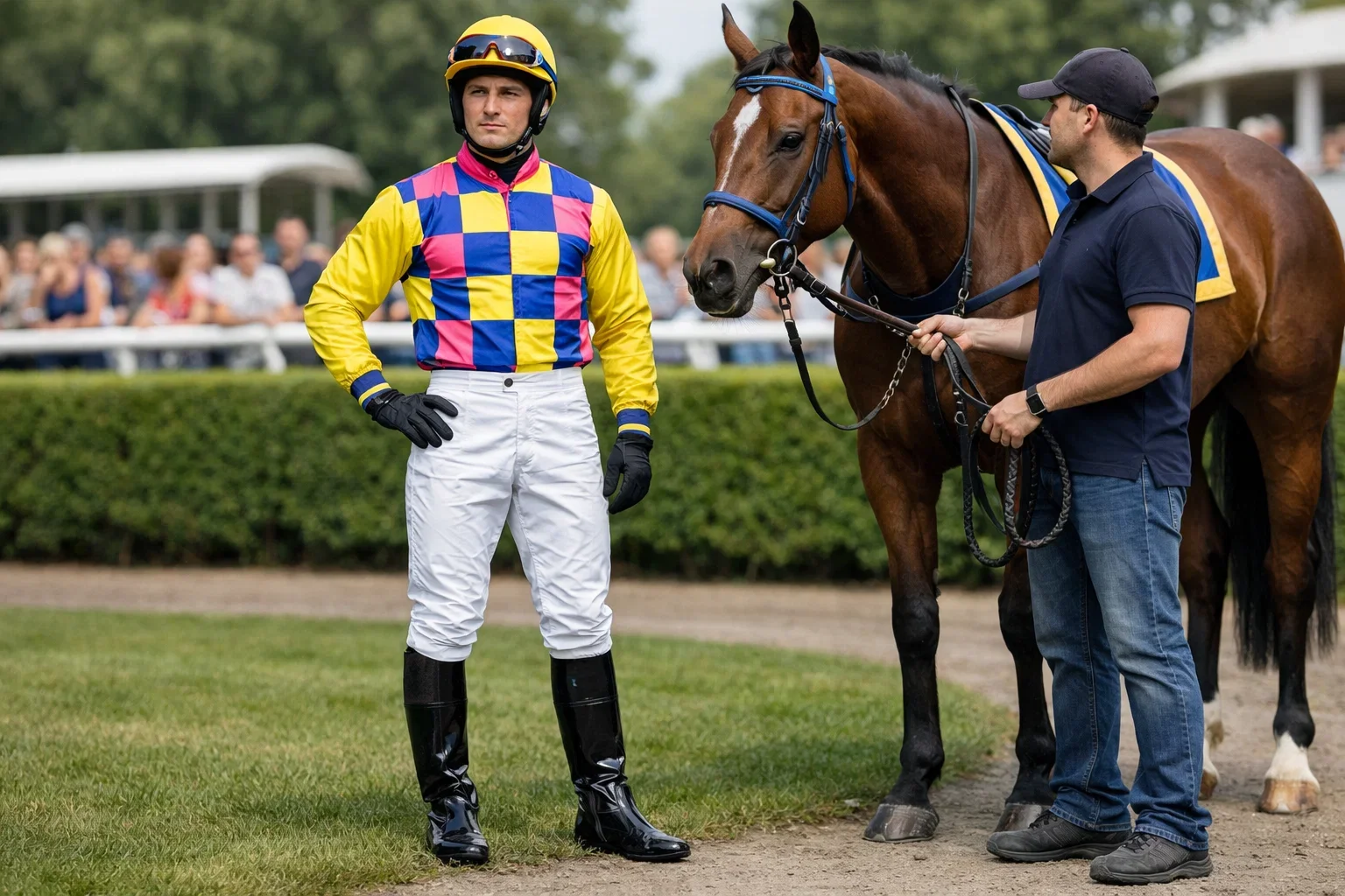 Jockey in bunten Rennfarben auf Pferd im Führring vor dem Rennen