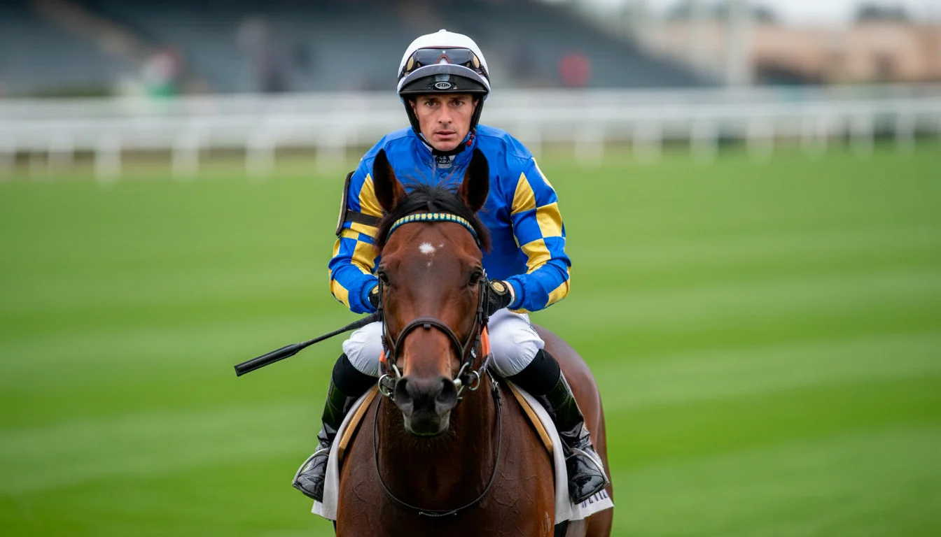 Jockey im Sattel eines Rennpferdes kurz vor dem Start auf einer Galopprennbahn