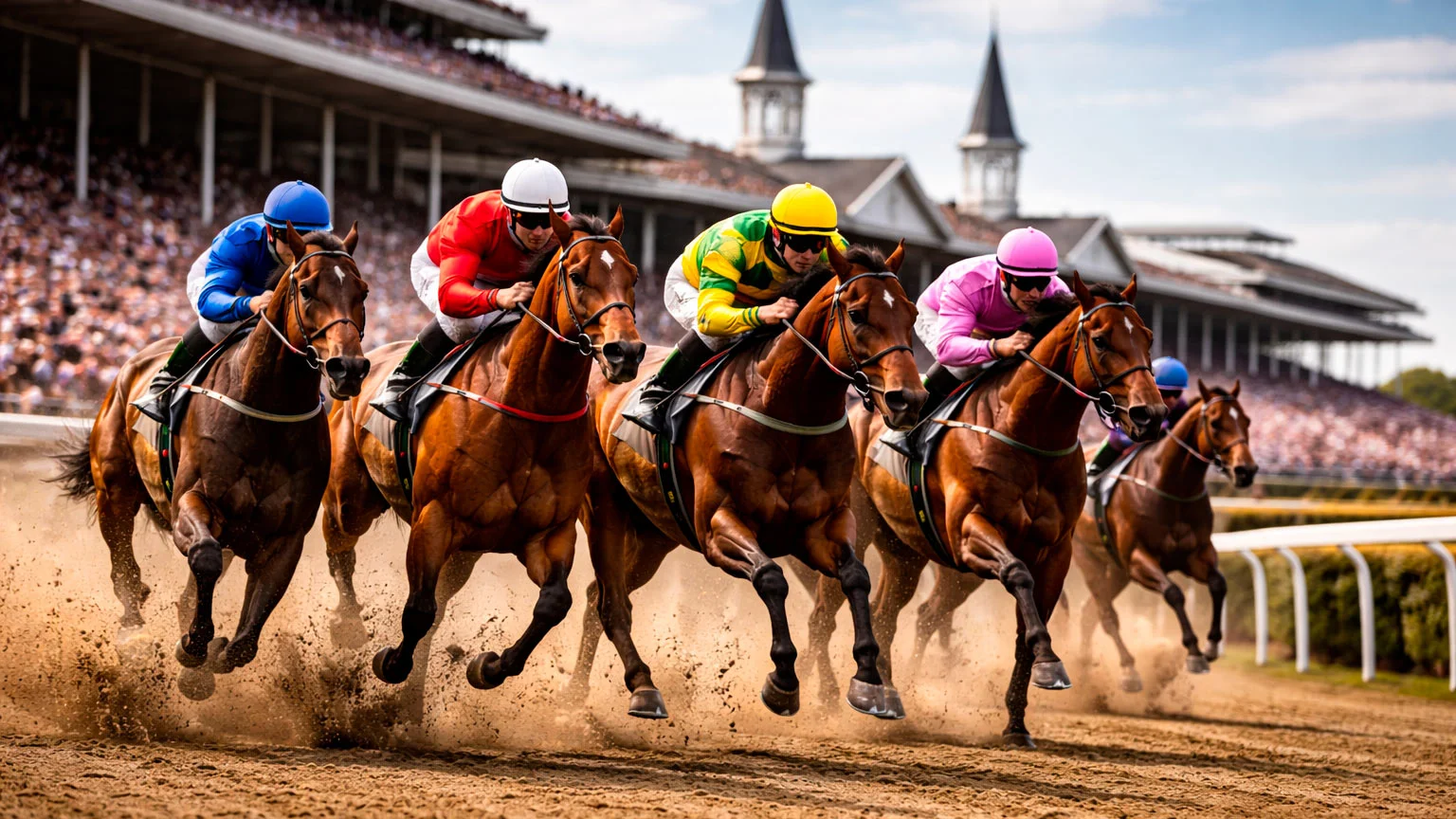 Rennpferde im vollen Galopp auf einer Sandbahn mit Jockeys in bunten Trikots