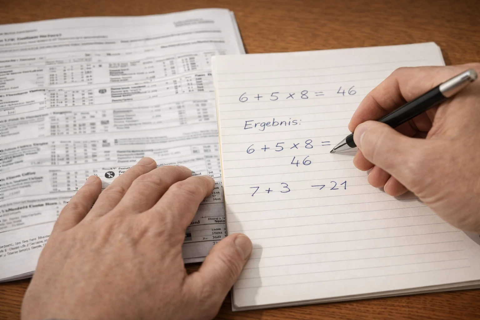 Person berechnet Wettgewinne mit Stift und Papier neben Rennprogramm