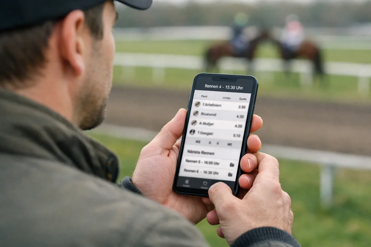 Person nutzt Pferdewetten-App auf Smartphone bei Pferderennen