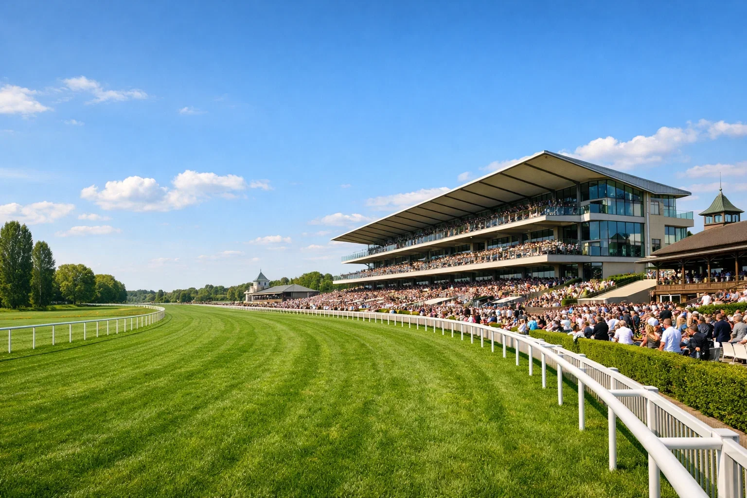 Moderne Pferderennbahn mit Tribüne und Zuschauern bei Sonnenschein