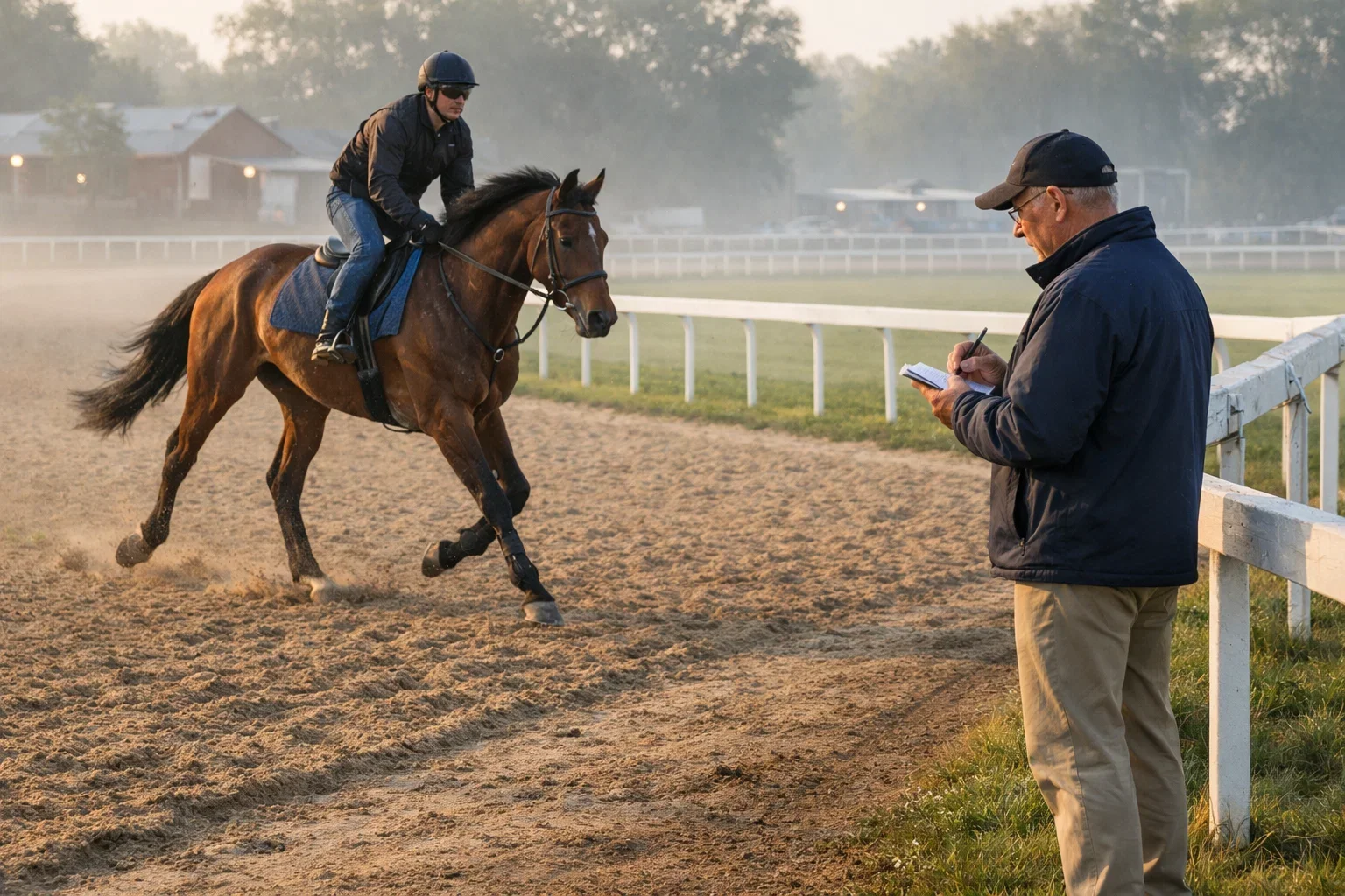 Rennpferd beim Training auf der Bahn mit Trainer der Leistung beobachtet