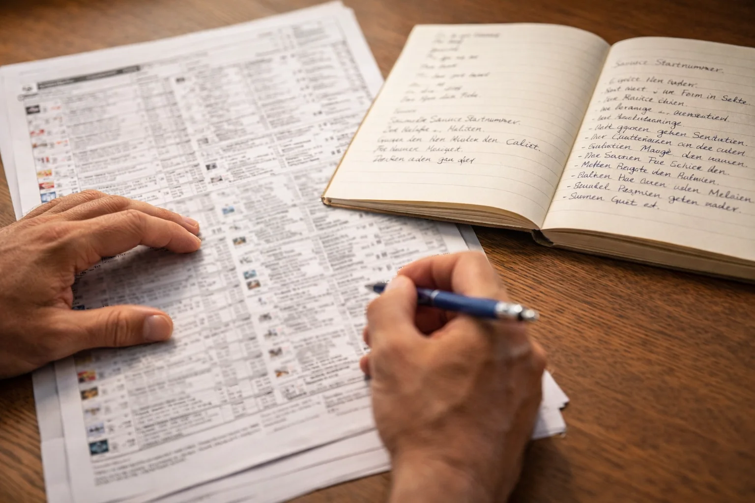Person analysiert Pferderennen-Statistiken mit Notizen und Rennprogramm