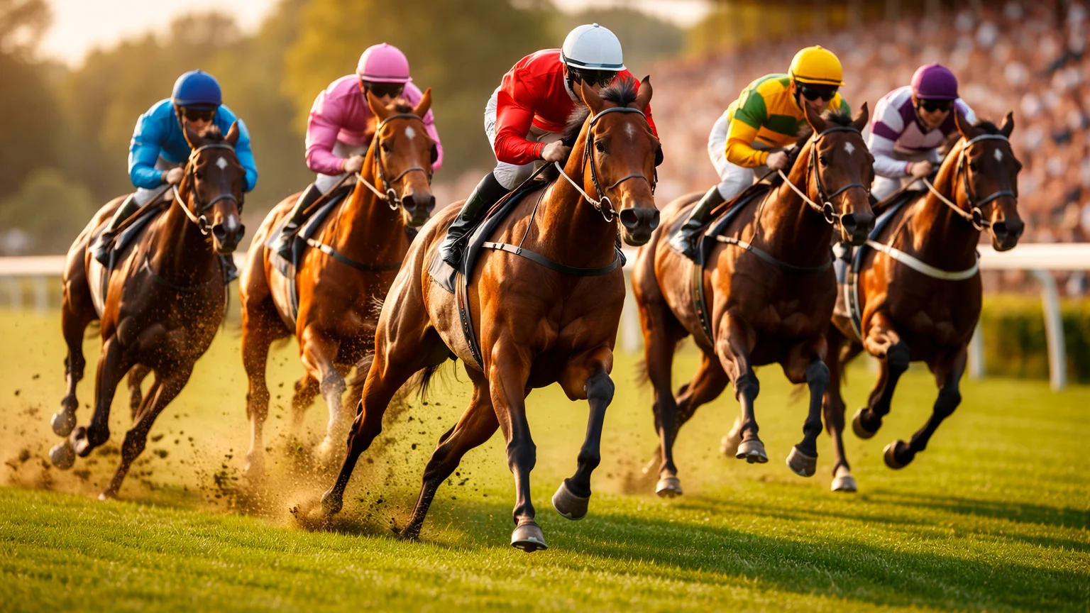 Pferde im Galopprennen auf einer grünen Rennbahn mit Jockeys in farbigen Trikots