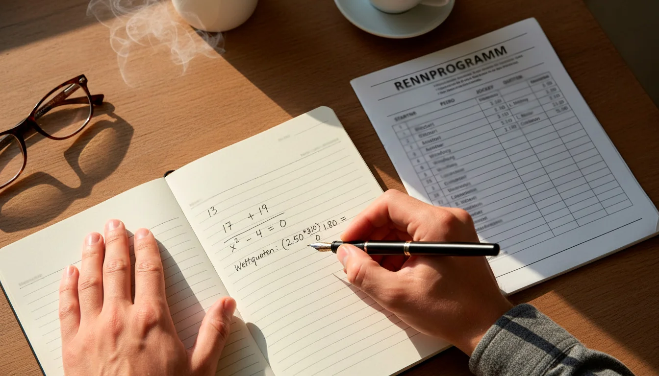 Person schreibt Berechnungen mit Stift in ein Notizbuch neben einem Rennprogramm