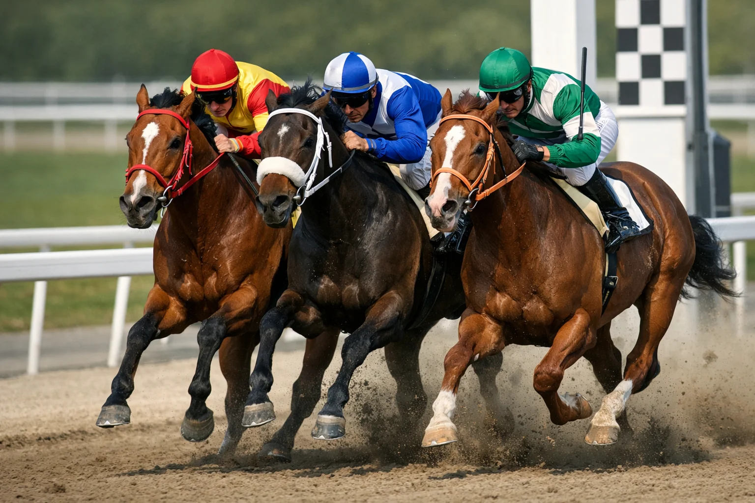 Drei Pferde im engen Zieleinlauf um die Platzierung
