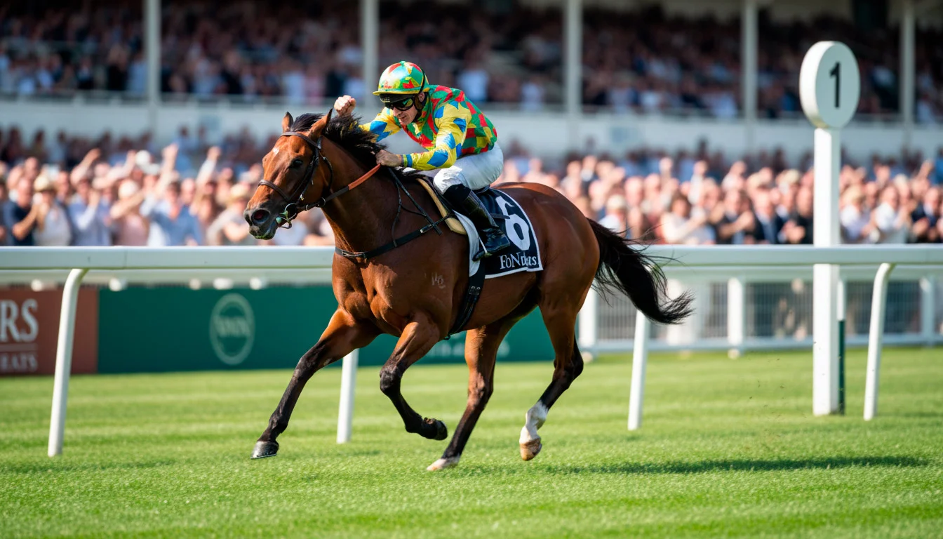 Drei Rennpferde eng beieinander im Zieleinlauf auf einer Galopprennbahn
