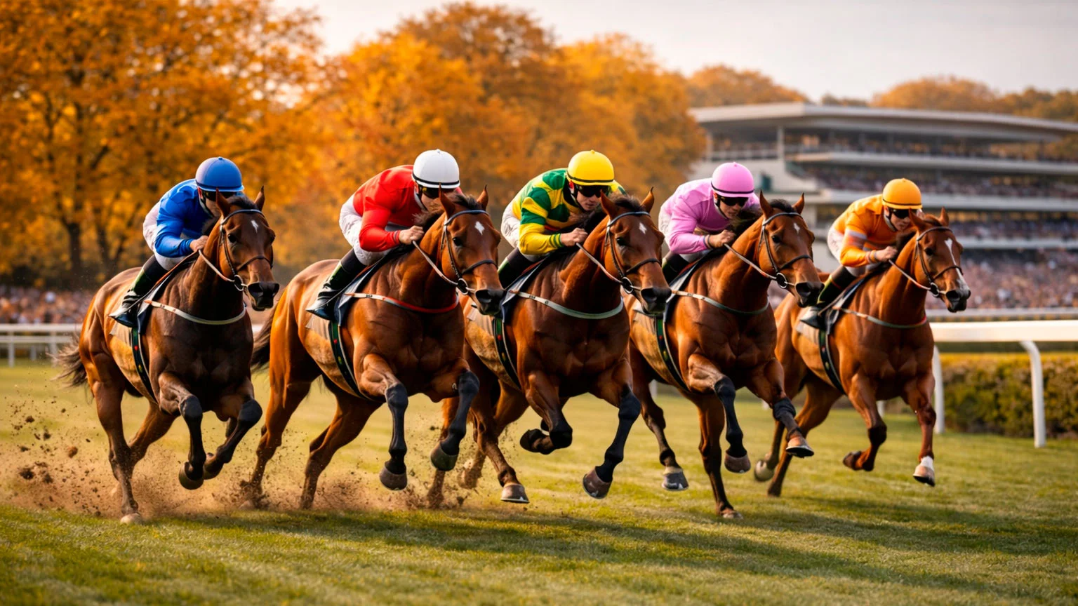 Rennpferde im Feld galoppieren auf der Grasbahn von Paris-Longchamp im Herbstlicht