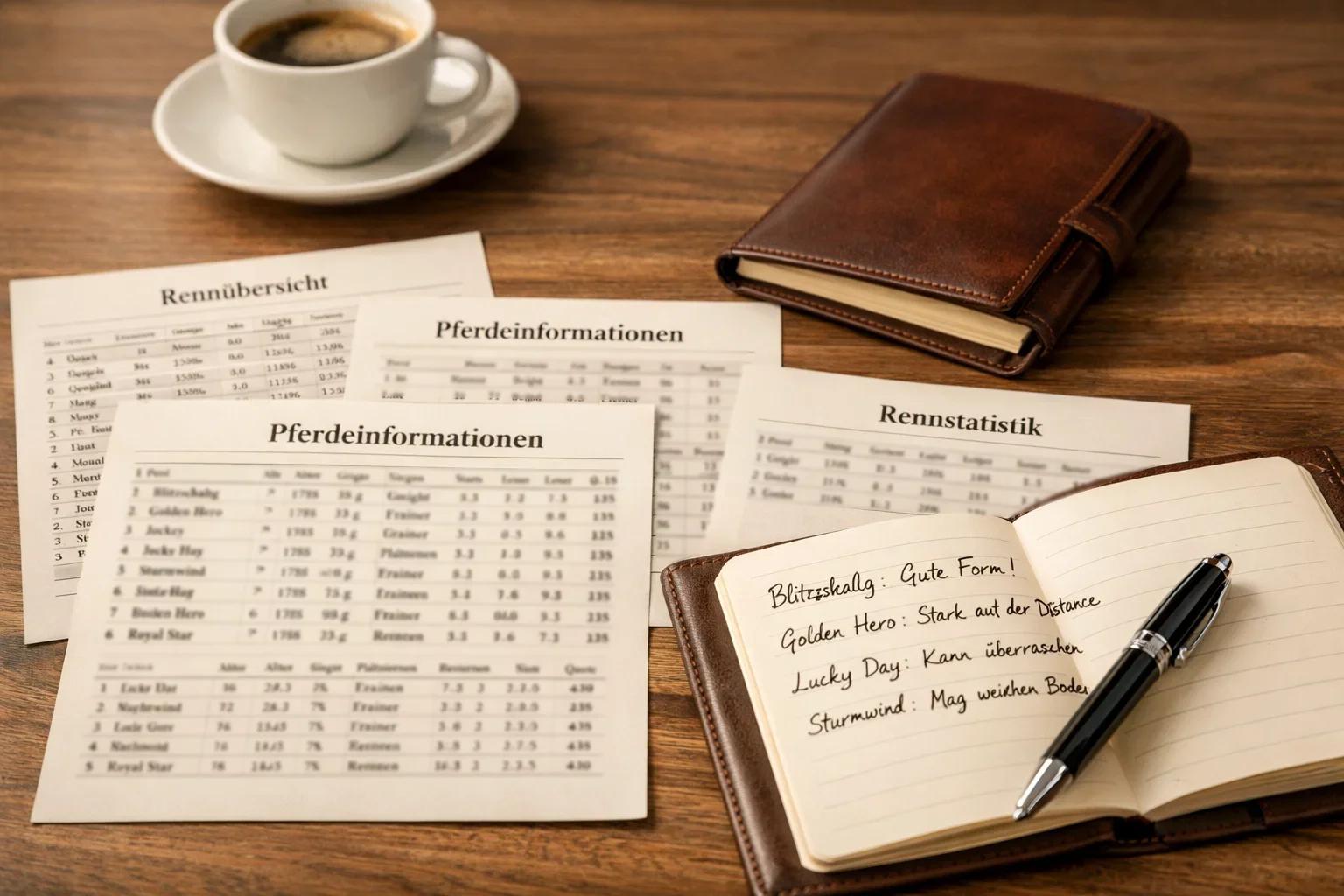 Statistikdokumente und Notizblock zur Quotenanalyse bei Pferderennen