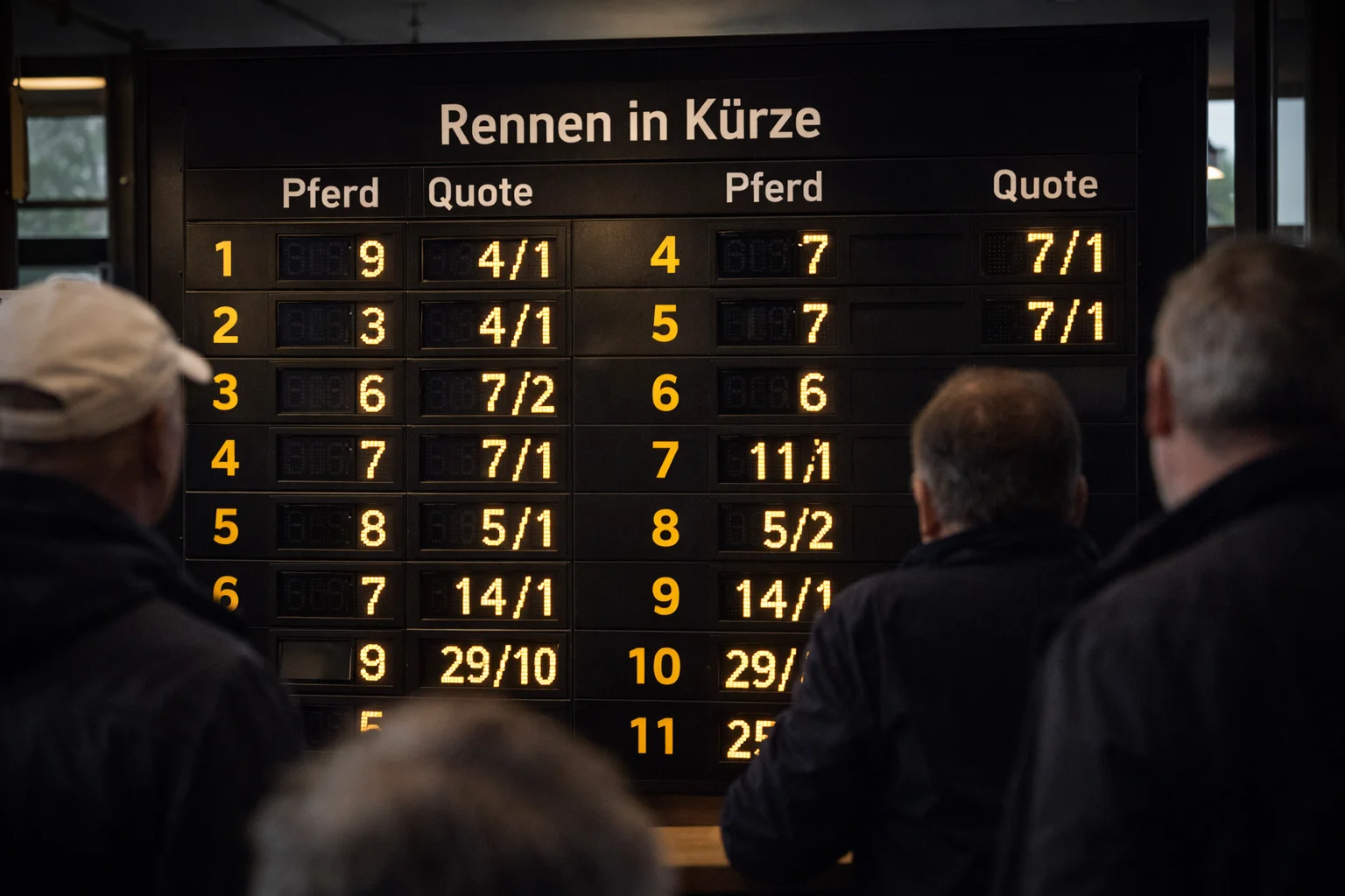 Anzeigetafel mit Wettquoten bei Pferderennen vor Tribüne mit Zuschauern