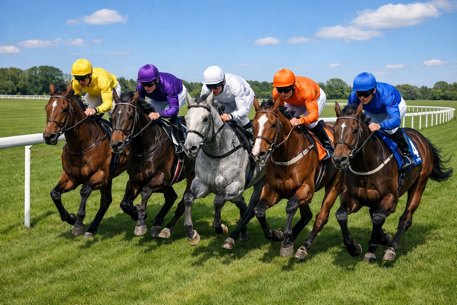 Galopprennen auf grüner Rasenbahn mit Jockeys in bunten Farben