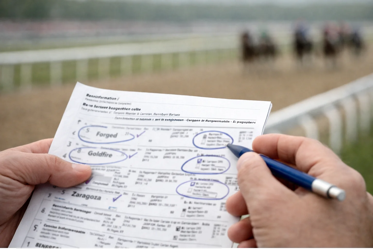 Hand hält Rennprogramm mit markierten Pferden bei der Wettplanung