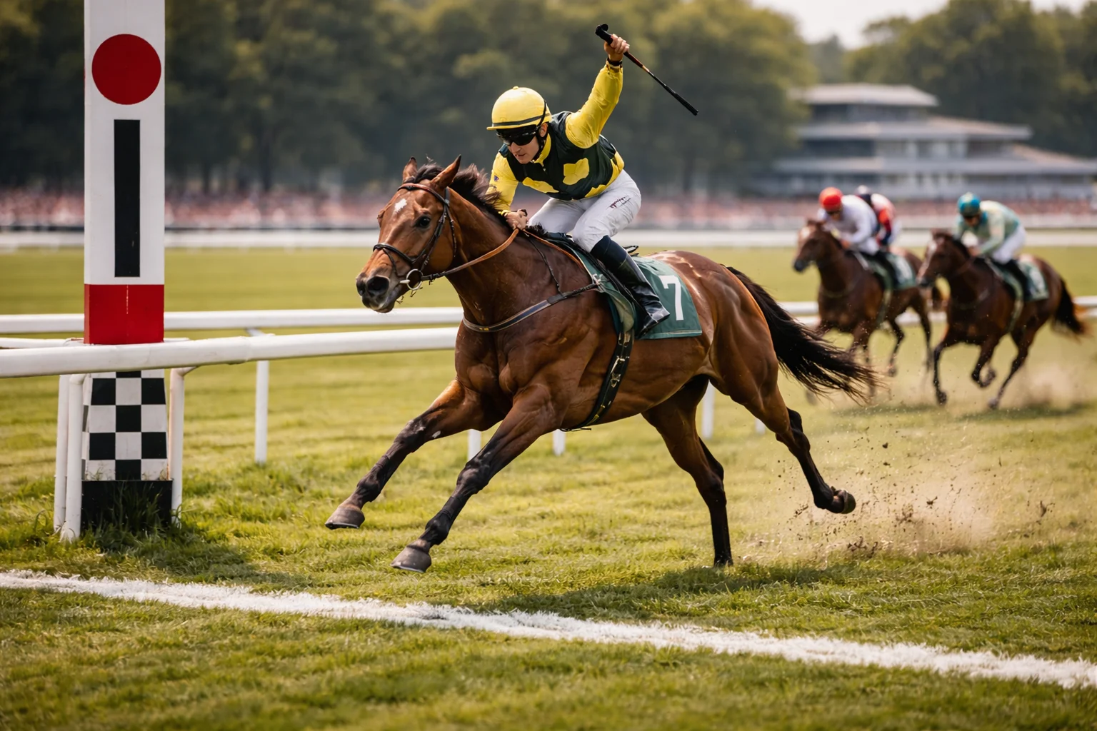 Einzelnes Rennpferd mit Jockey überquert als Erster die Ziellinie