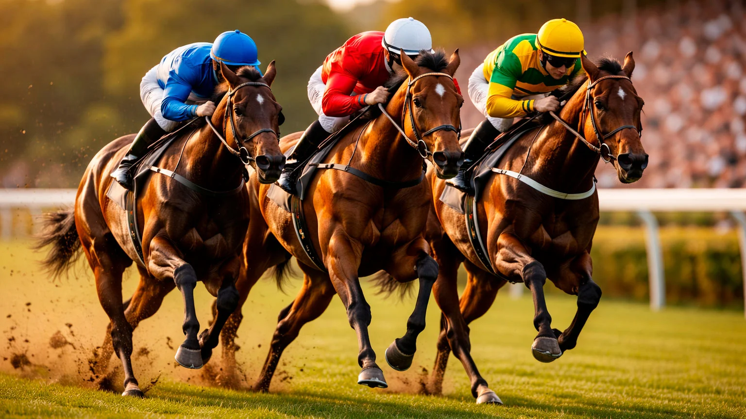 Einzelnes Rennpferd überquert als Erstes die Ziellinie auf einer Galopprennbahn