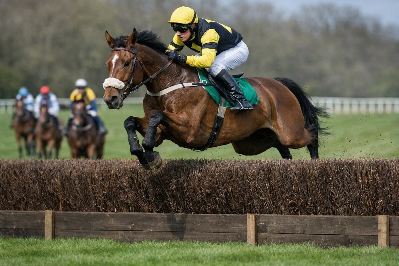 Pferd und Jockey beim Sprung über Hindernis im Steeplechase-Rennen