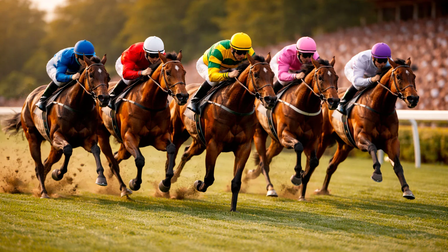Mehrere Rennpferde in verschiedenen Rennen auf einer Galopprennbahn bei Tageslicht