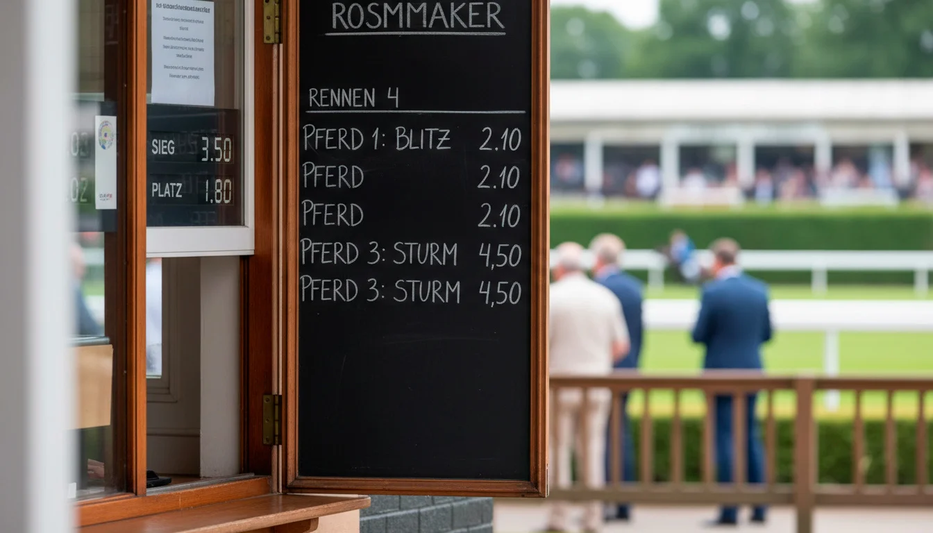 Quotenanzeigetafel am Totalisator neben einem Wettschalter auf einer Pferderennbahn