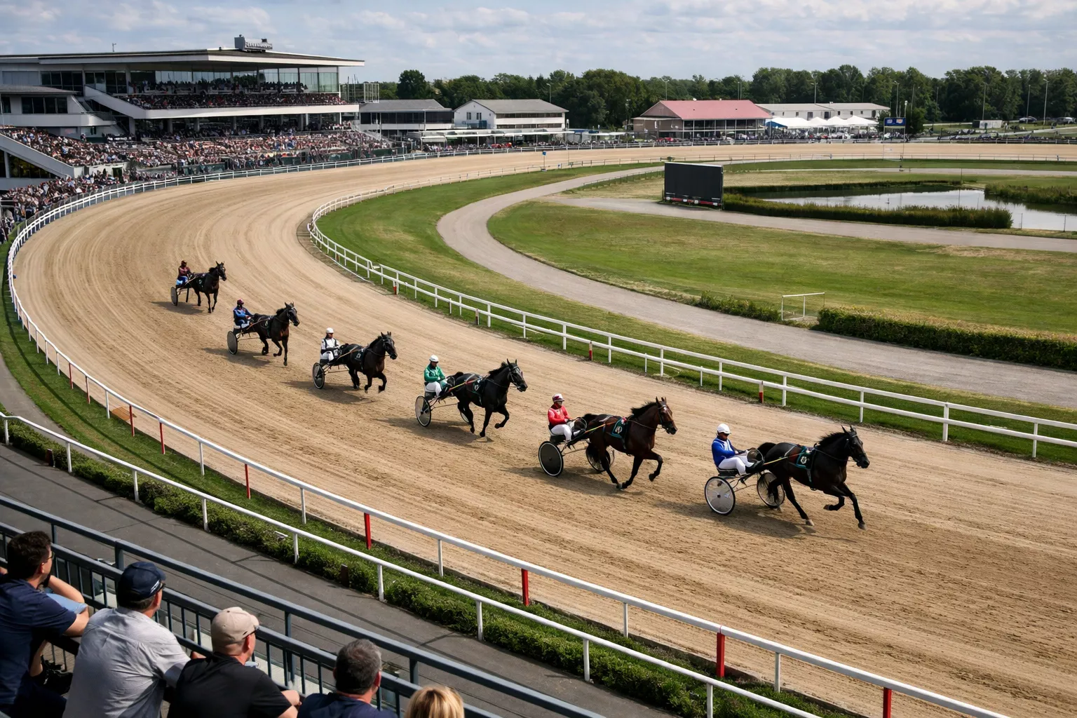 Rennbahn von oben mit Pferden beim Trabrennen im Wettkampf