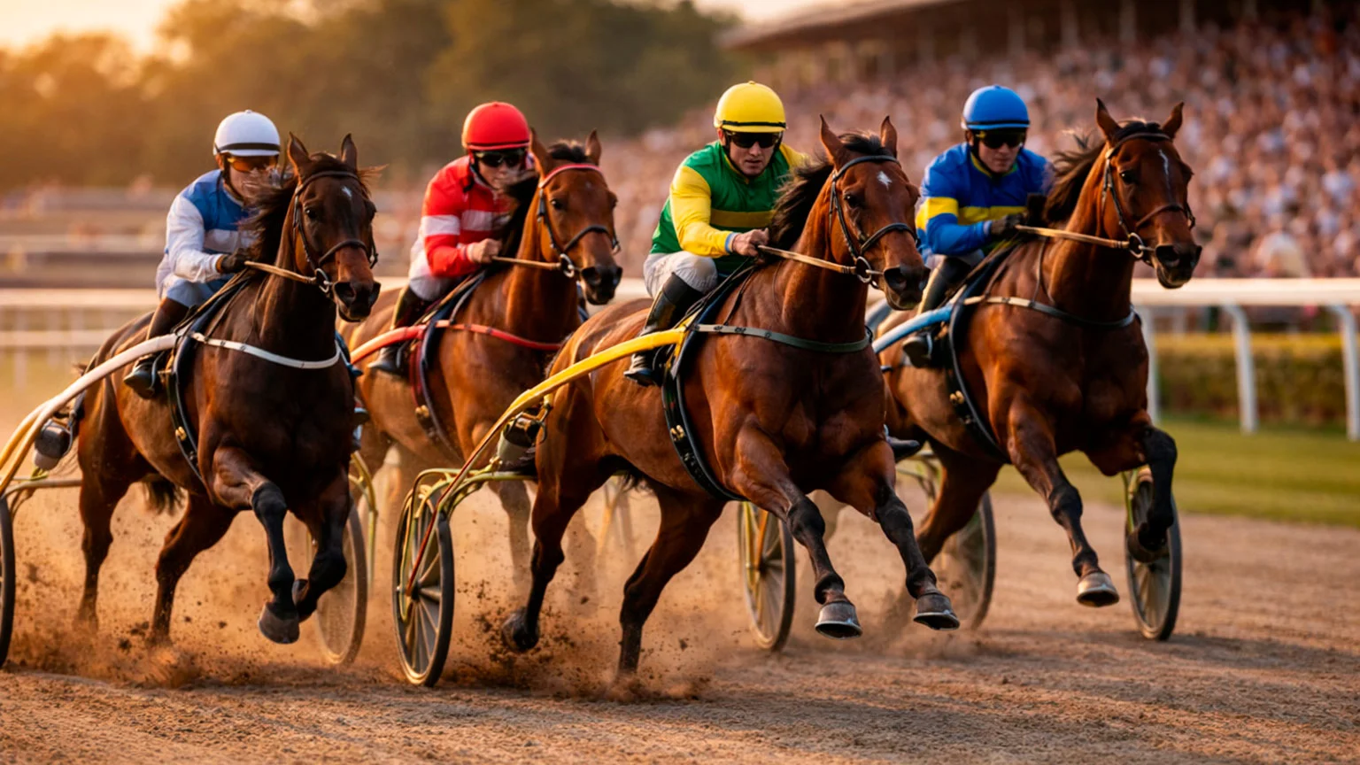 Trabrennen mit Sulky und Fahrer auf einer skandinavischen Rennbahn im Abendlicht