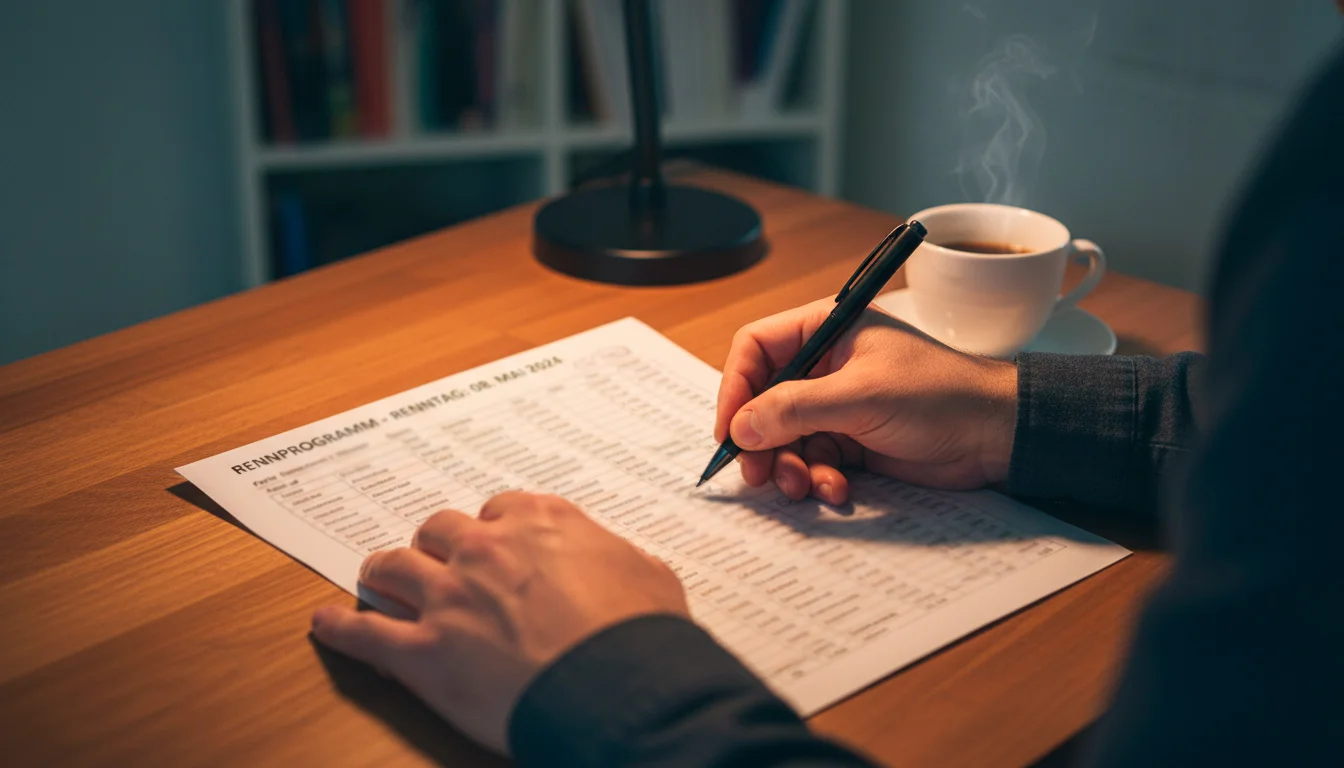 Person analysiert ein Rennprogramm mit Notizen und Stift an einem Tisch