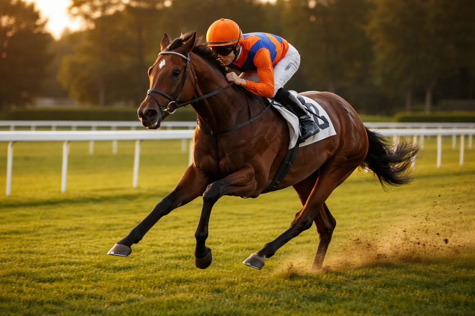 Galopprennen mit Jockey auf Vollblüter bei voller Geschwindigkeit auf der Rennbahn