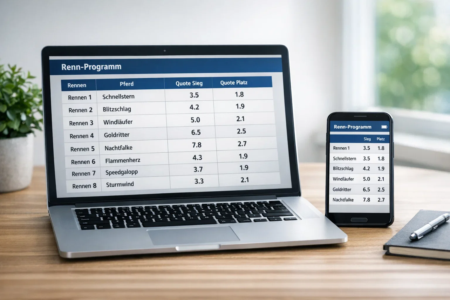 Laptop und Smartphone zeigen Pferdewetten-Plattform mit Rennen