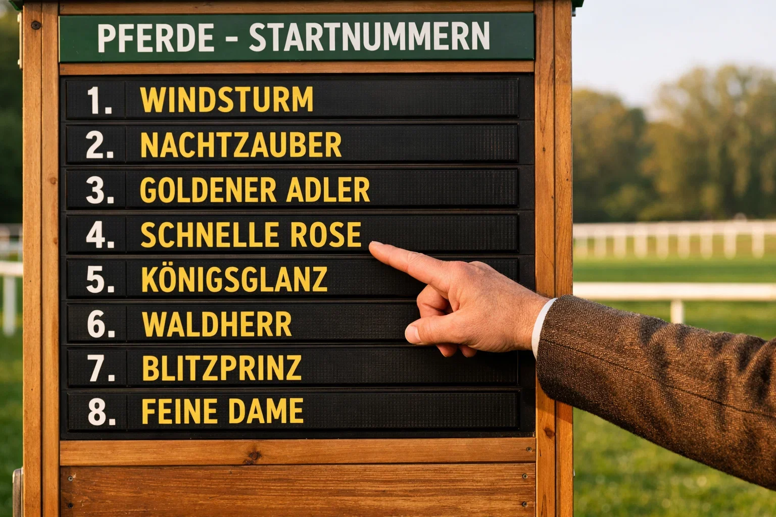 Wetttafel an einer Galopprennbahn mit Startnummern und Pferdenamen