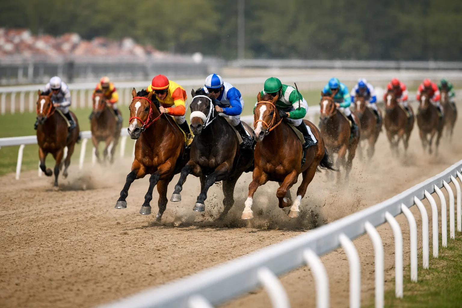 Mehrere Pferde galoppieren dicht beieinander auf der Zielgeraden