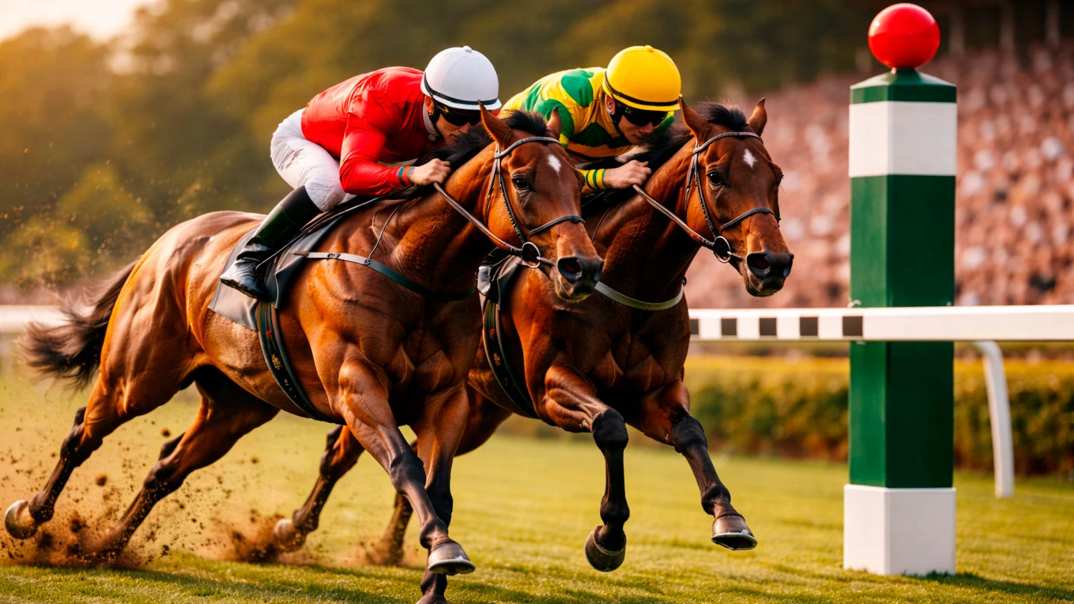 Zwei Rennpferde Kopf an Kopf im Zieleinlauf auf einer Galopprennbahn